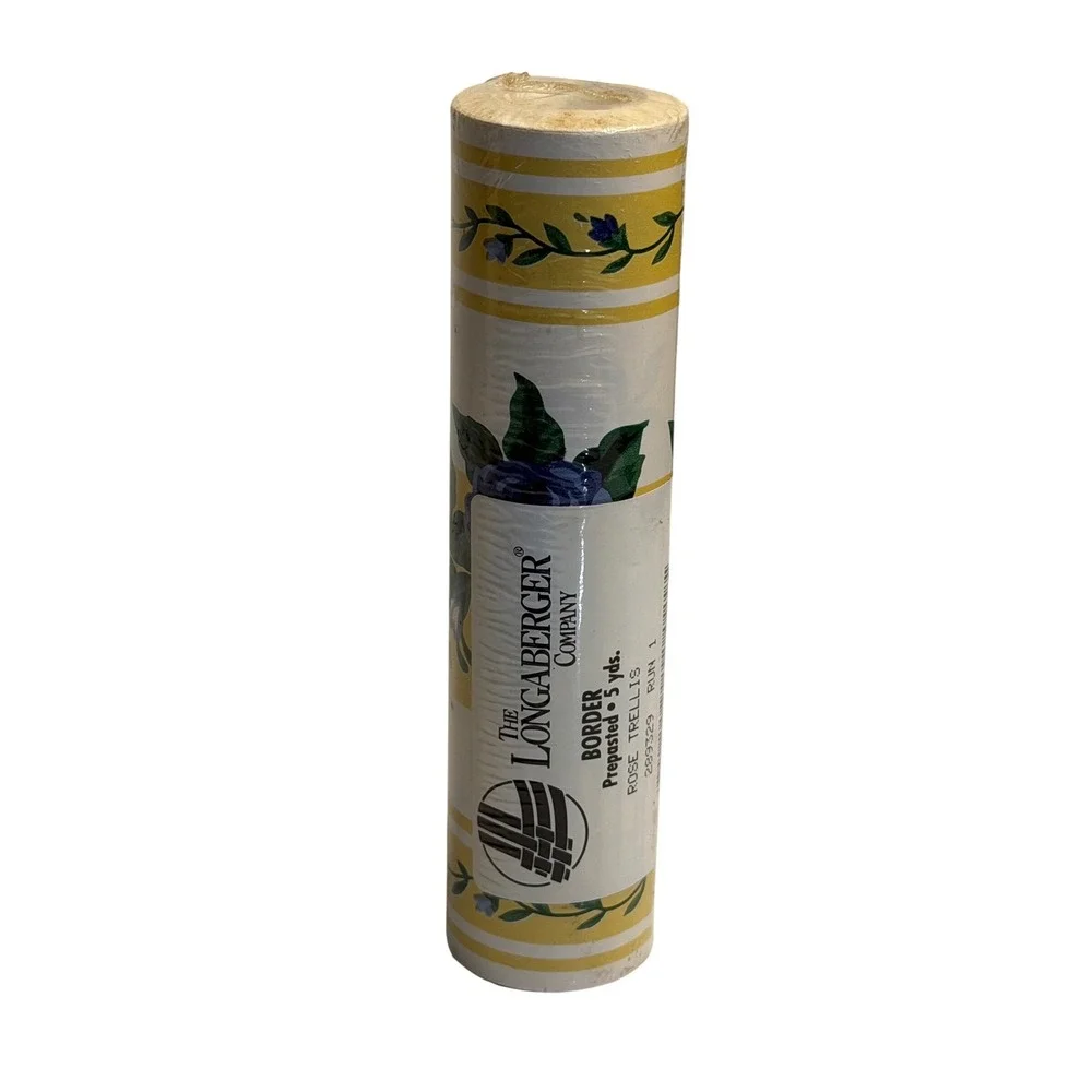 VTG Longaberger Wallpaper Border Yellow Rose Trellis Floral Prepasted 5yd 289329
